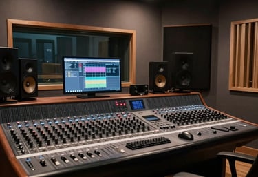 Cinematic professional recording studio with dark charcoal tones, subtle warm lighting, premium musi