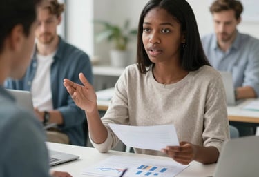 A vibrant office space bathed in deep orange and blue light, with a team brainstorming around a laptop.