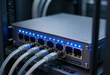 A close-up of a high-speed networking router with blinking blue LED lights in a clean, professional server cabinet. Soft focus on the background showing cables neatly organized. Lighting is cool and modern, emphasizing high technology and connectivity in a South American IT environment.