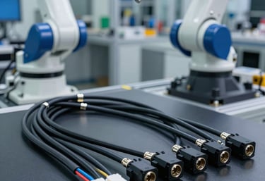 Close-up of a technician assembling a custom cable harness with precision tools.