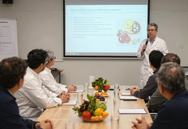 Elegant academic conference room with international participants discussing gastronutrition.