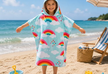 Microfiber kids beach towels poncho with hood on sandy beach