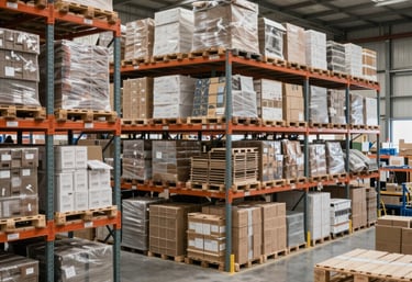 Warehouse display of smart TVs, bladeless fans, and electronics on industrial orange shelving.