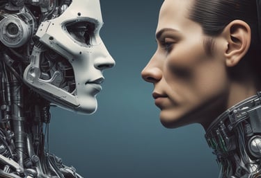 A white robot is standing in front of a black background