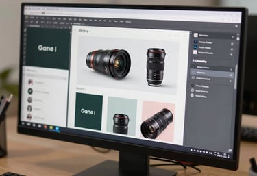A close-up of a high-end designer monitor showing a complex brand identity project, clean and professional workspace, Global / English-speaking audience.