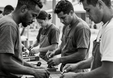A group of African American adults engaged in hands-on skilled trades training in a workshop setting.