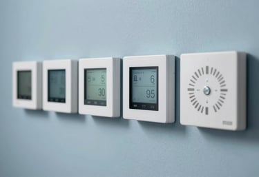 A row of modern, sleek digital thermostats on a light blue wall, showcasing advanced climate control technology.