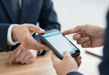 Close-up of hands exchanging a payment receipt with a business consultant.