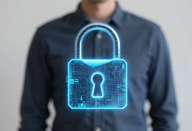 A sophisticated digital lock symbol composed of blue light and data patterns, representing cutting-edge security and trust.