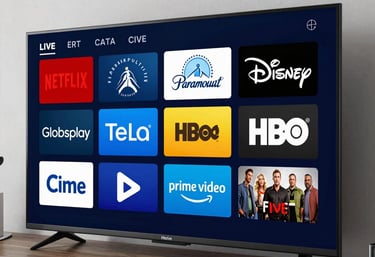 Todos os streamings em uma tela de tv bem grande , imagem cinematográfica