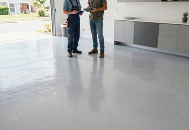 Garage floor epoxy consultation with homeowner in residential garage