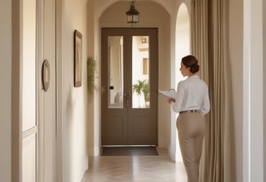 A smiling team member inspecting a property entrance, clipboard in hand.