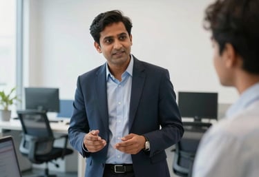 A professional South Asian IT consultant discussing AMC strategy in a modern office. The setting is bright and professional with clean white walls and blue furniture, emphasizing reliability.