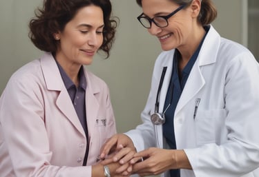 Close-up of a healthcare professional smiling while assisting a patient.