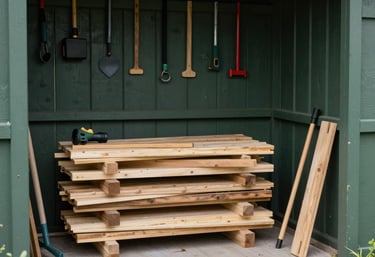 An organized backyard tool shed area in a North American / US home, showing neatly stacked wood and tools. The composition is professional and tidy, featuring dark charcoal and muted forest green colors.
