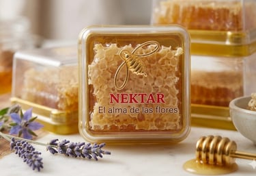Raw Nektar honeycomb in clear packaging with a gold honey bee icon, lavender, and a honey dipper.