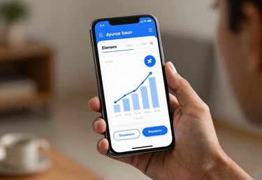A person in a South Asian / Indian home holding a smartphone, displaying a professional analytics interface with blue and white accents showing rising streaming numbers.
