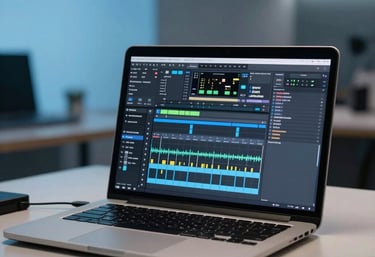 A modern workspace with a laptop open to a music production software, featuring slate gray and sky blue lighting, in a professional South Asian / Indian studio setting.