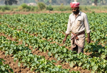 A close-up aerial view of perfectly spaced potato beds glowing in morning light.