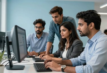 A group of professional South Asian digital experts collaborating in a modern office with light blue decor, working on high-end monitors.