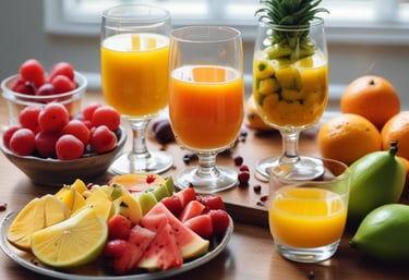 A vibrant kitchen scene with fresh fruits and vegetables arranged around a blender making a detox juice.