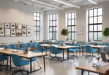 A welcoming educator explaining IT concepts to a small group, with warm natural light.
