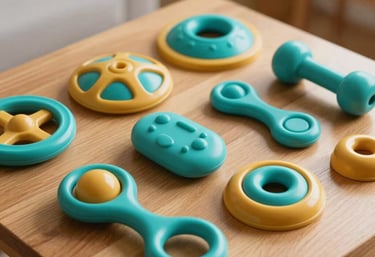 Close-up of therapeutic sensory integration tools and educational toys arranged neatly on a wooden table in a South Asian setting. The lighting is bright and cheerful, using the brand colors of teal and mustard gold to convey hope and development.