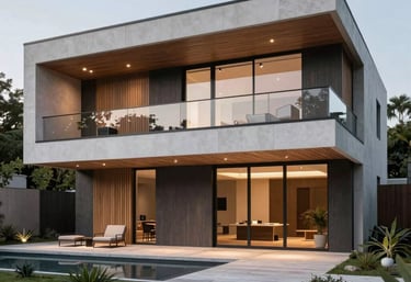 A sleek, minimalist real estate office space with warm natural light highlighting modern architectural details.