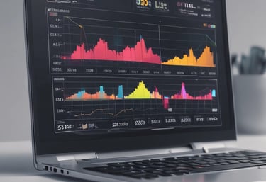 A calm workspace with a laptop displaying statistical charts and notes.