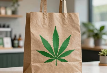 Friendly staff member handing a Green Leaf Cannabis branded bag to a smiling adult customer.