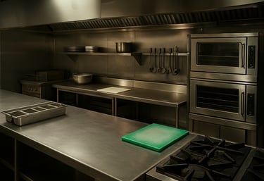 A clean and organized shot of a modern restaurant kitchen during prep time, showing stainless steel surfaces and professional equipment. Global / Corporate.