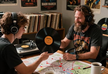 A focused mentor guiding a metalhead through a dark, atmospheric vinyl collection room.