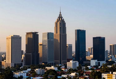 A panoramic view of the Bangalore skyline during golden hour, showcasing modern commercial architecture and dark navy blue tones.