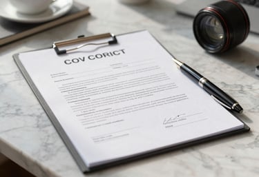 A detailed shot of a real estate contract and a designer pen on a marble desk in a South American / Brazilian professional setting, soft morning light.