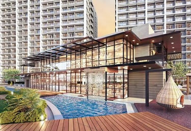 a large swimming pool with a wooden deck and a wooden deck