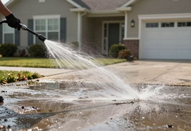 A photography shot of a high-pressure washing service being performed on a driveway of a suburban North American home. Water spray is captured in motion, removing dirt and revealing a clean surface, emphasizing renewal and care.