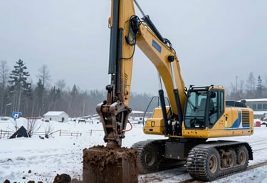 Action shot of a geotechnical drill rig extracting soil cores at a snowy North American site. The colors are cold mist blues and midnight slate, emphasizing rugged reliability.