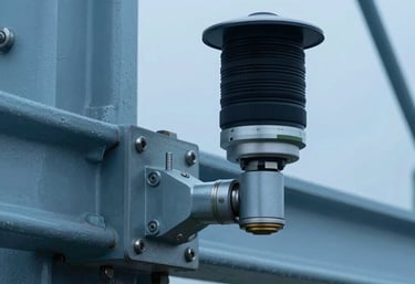 Macro shot of a high-tech seismic sensor installed on a bridge joint. The focus is razor-sharp on the steel components, with mist blue industrial colors.