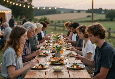 A lifestyle photograph of people enjoying a meal at a farm-to-table event outdoors, with long wooden tables and string lights in a European countryside setting.