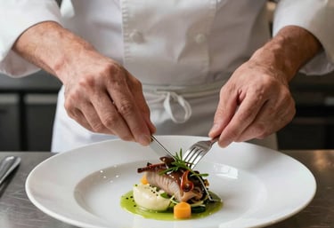 An elegant photo of a chef in a modern kitchen carefully plating a gourmet dish, focusing on the precision and artistry of food preparation. Professional lighting.