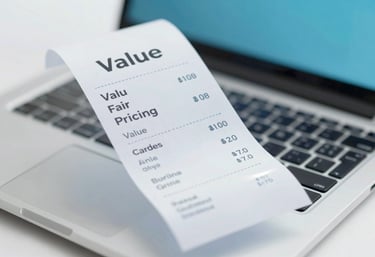 A modern graphic representing value and fair pricing, showing a transparent receipt and a laptop. Palette: #2A5D7C and #F7FAFC.