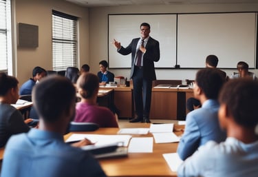 A group of diverse Asian students engaged in a lively legal studies class.