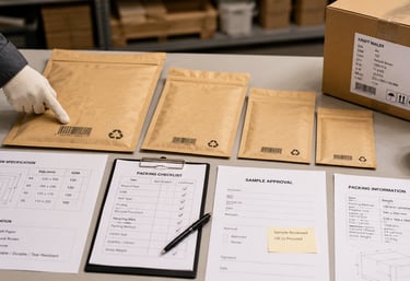 Kraft paper mailer samples with size sheets, packing details and export order specification document