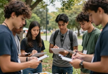 A group of young leaders working together on a community service project outdoors in a North American / US park, wearing casual clothing, conveying teamwork.