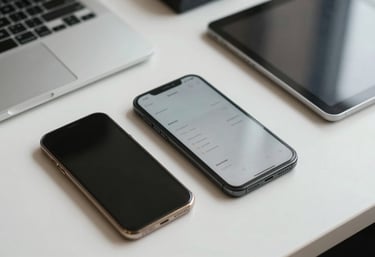 An overhead shot of a clean, minimalist desk with a smartphone and tablet, in a professional South Asian / Indian environment, focusing on digital efficiency.