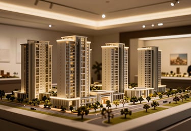 A detailed scale model of a contemporary residential complex in Gurgaon, showcased in a sophisticated gallery with soft, warm golden lighting.