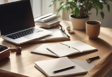 A calm, minimalist workspace with a laptop open to a video call screen.