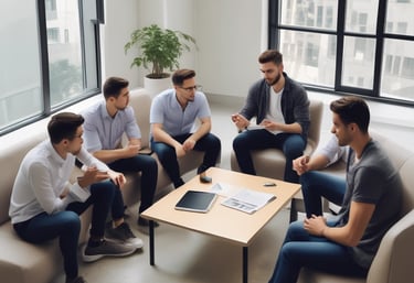 three men sitting while using laptops and watching man beside whiteboard