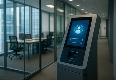 A secure modern office environment in North America focused on a high-tech verification terminal. Professional, clean, with a sophisticated international style.
