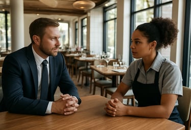 A professional meeting in a bright, modern restaurant dining room. A manager and a certified worker discussing employment. High-end North American interior.